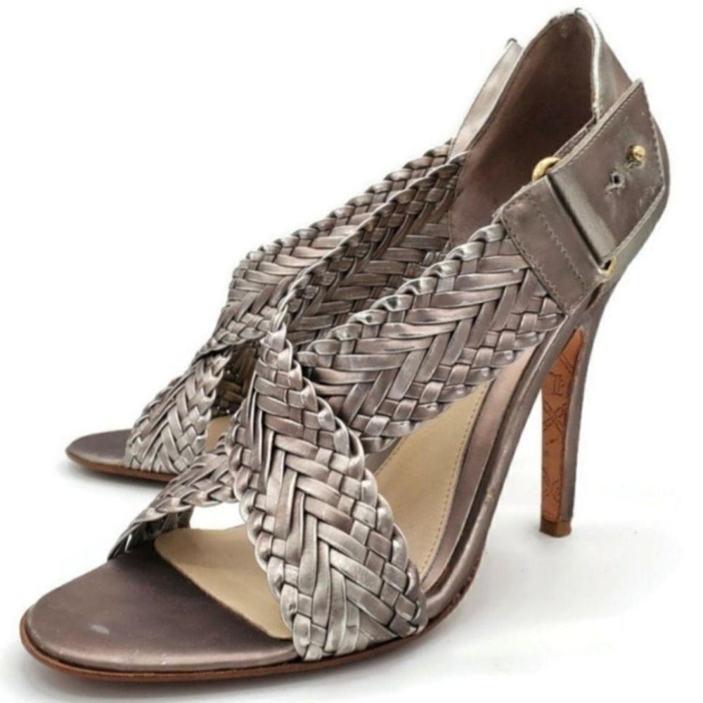 L.A.M.B. Gala Silver Metallic Leather Braided Cross Straps High Heel Sandals